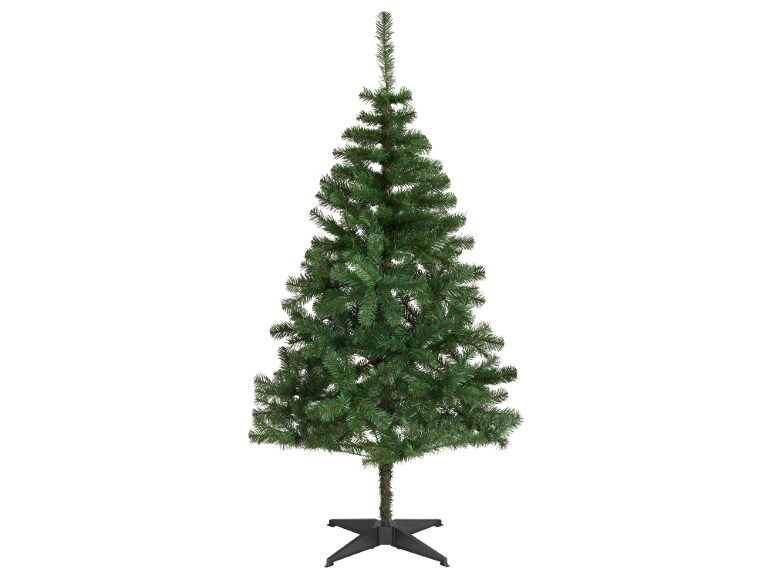 Sapin de Noël artificiel vert avec base en croix, prêt à être décoré.