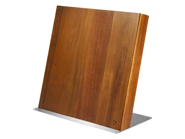 Support à couteaux magnétique en bois avec base en acier inoxydable.