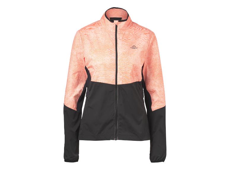 Veste de sport femme orange et noire avec fermeture éclair frontale.