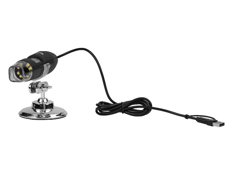 Microscope numérique USB noir avec support chromé et câble enroulé