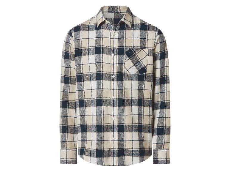 Chemise à carreaux en flanelle pour homme, beige, noire et blanche.