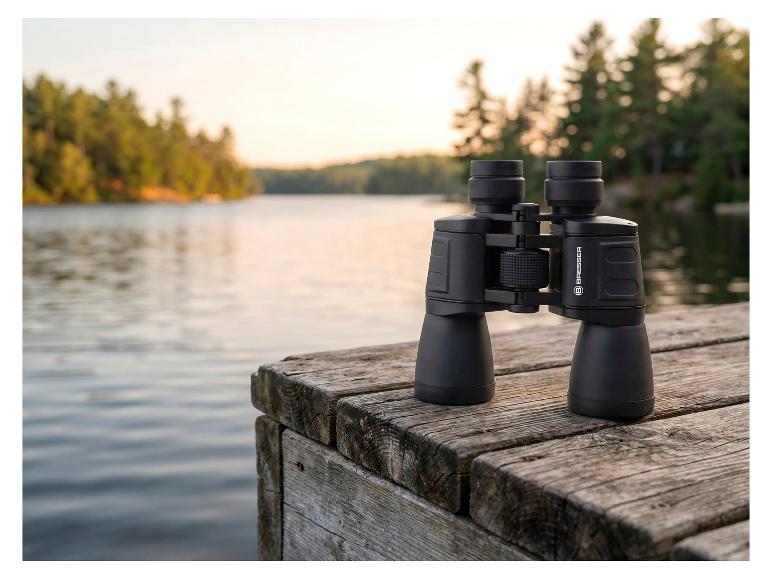 Jumelles sur un quai en bois au bord d'un lac au coucher du soleil.
