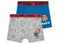 Deux boxers Super Mario pour enfants : un bleu uni et un gris avec des motifs Super Mario.