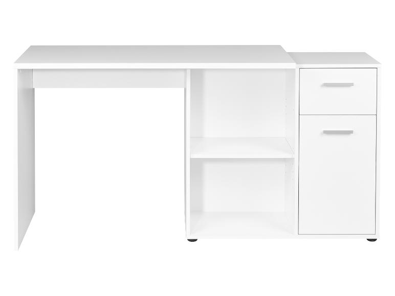 Bureau blanc avec étagères et tiroirs.