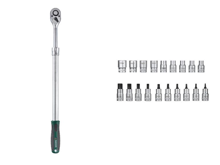 Ensemble d'outils Parkside avec clé à cliquet et diverses douilles et embouts.