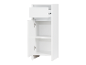 Une petite armoire de rangement blanche avec un tiroir et une porte.