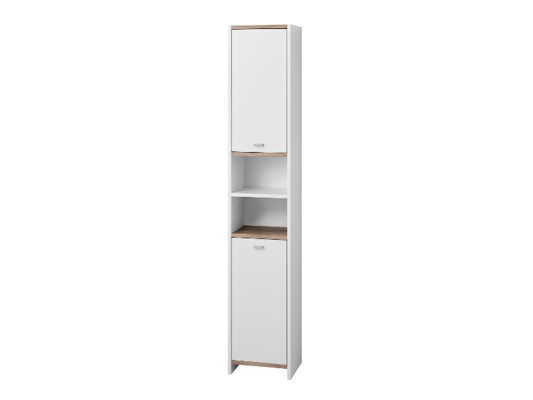 Meuble de salle de bain haut blanc et bois avec portes et étagères ouvertes