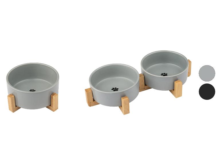 Gamelles grises en céramique pour animaux avec supports en bambou