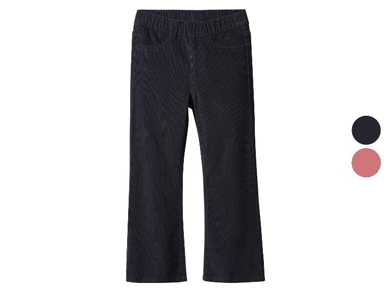 Pantalon en velours côtelé pour fille, coupe évasée, disponible en noir et rose.