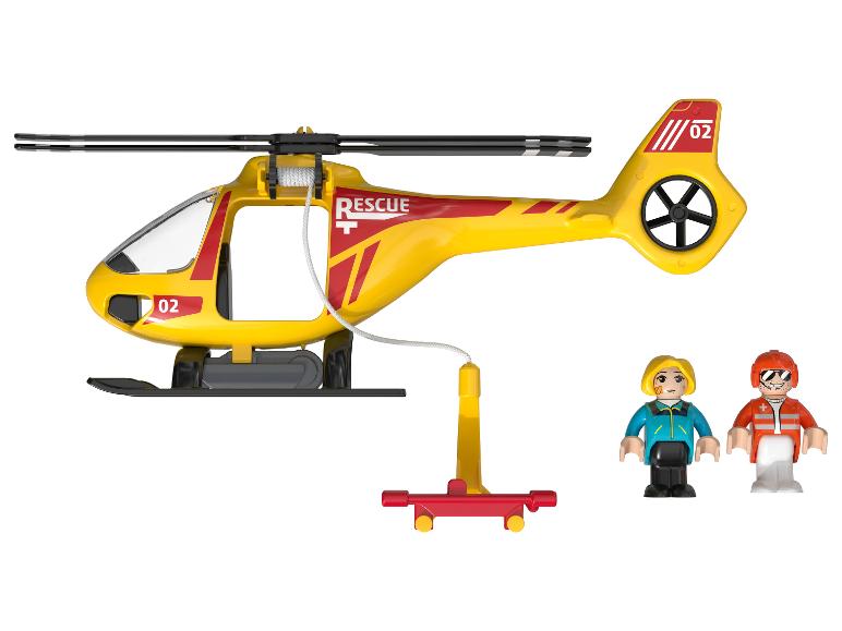 Un hélicoptère de sauvetage jaune avec des figurines.