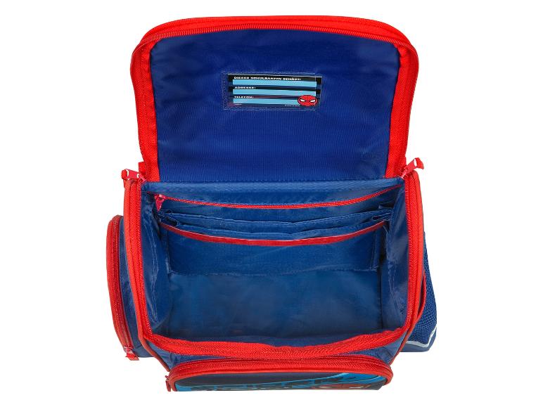 Sac à dos Spider-Man bleu et rouge, ouvert, montrant des compartiments intérieurs.