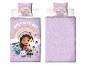 Parure de lit enfant violette avec personnages de dessins animés, un arc-en-ciel et le texte « DREAM IT UP ! »