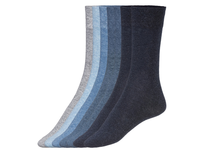 Six paires de chaussettes dans des tons gris et bleus.