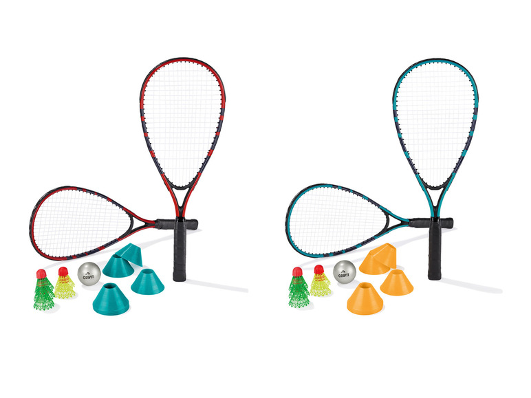 Deux raquettes de badminton Crivit avec des volants, un ballon et des cônes