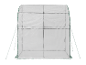 Serre de jardin portable avec couverture transparente et cadre vert, sur fond noir.