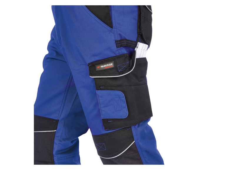Pantalon de travail bleu avec l'étiquette Parkside Performance et plusieurs poches.