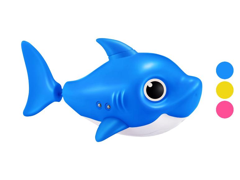 Jouet de bain requin bleu avec de grands yeux et des nageoires, avec une palette de couleurs.