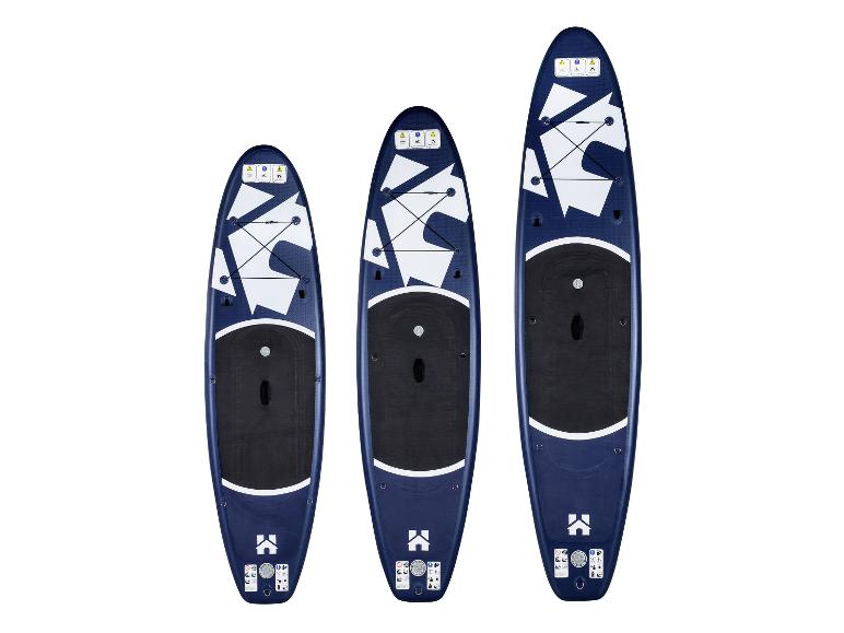 Trois planches de stand up paddle HOME DELUXE Moana bleues de différentes tailles.