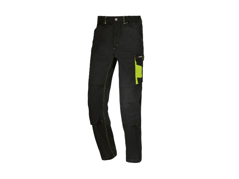 Pantalon de travail noir avec logo Parkside et détails jaunes.