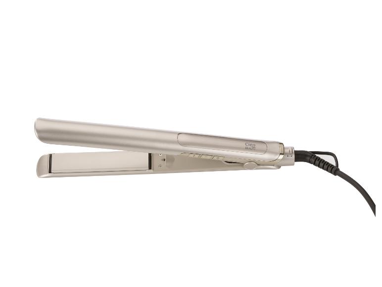 Un fer à lisser Cien Beauty argenté avec des boutons de commande et un cordon noir.