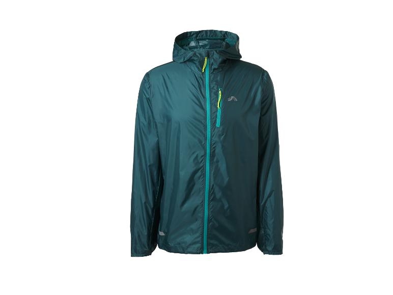 Veste de pluie légère vert foncé avec capuche et fermetures éclair contrastantes.
