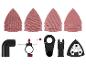 Assortiment d'accessoires pour outils oscillants comprenant des feuilles de ponçage, un adaptateur d'extraction de poussière et diverses lames.