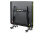 Une table de ping-pong pliable noire avec le logo Joola et des roulettes.