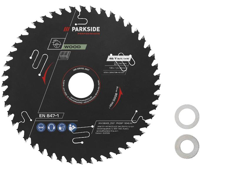 Lame de scie circulaire pour bois avec deux rondelles, 190 mm de diamètre, 48 dents, max 8000 tr/min.