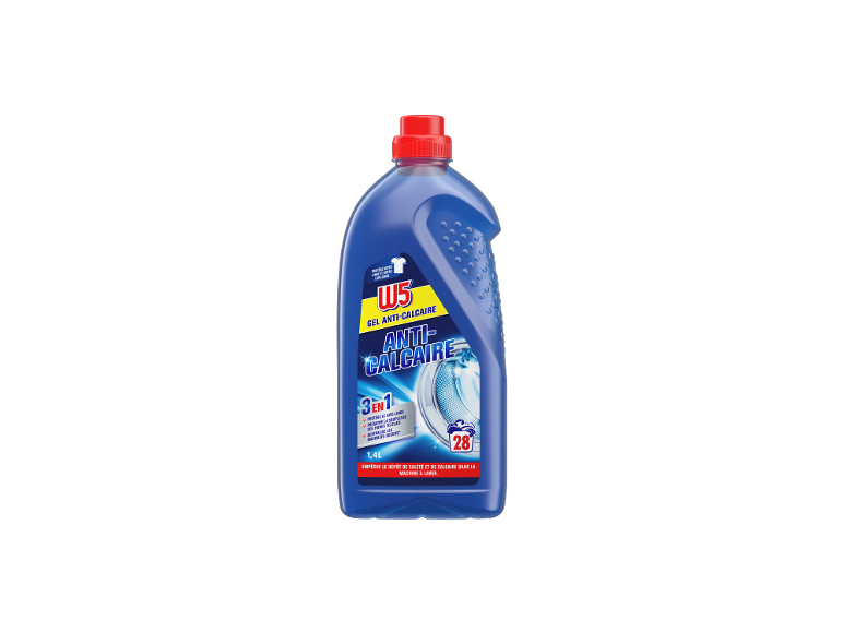 Bouteille de gel anti-calcaire 3-en-1 bleu pour machines à laver, 1,4L, 28 lavages.