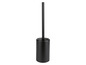 Une brosse de toilette noire avec support.