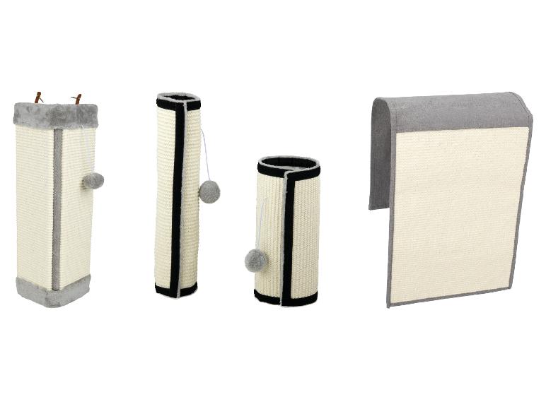 Poteaux et panneaux à griffer pour chats de différentes tailles et formes.