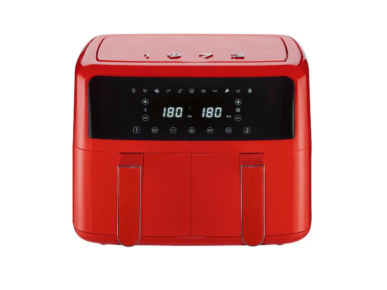 Friteuse à air rouge à double panier avec affichage numérique montrant 180 degrés et diverses icônes de cuisson.