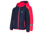 Une veste bleu marine avec des détails roses et un logo 'Love my bike'.