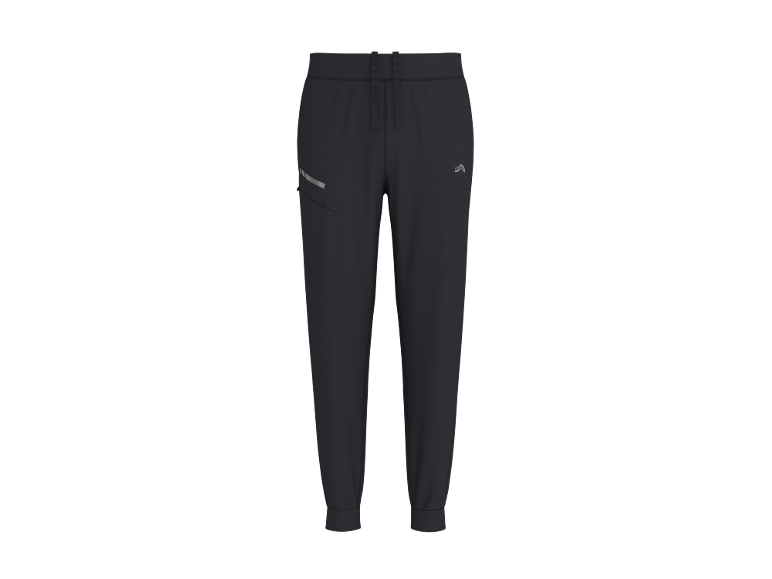 Pantalon de jogging gris foncé avec taille élastique et poignets, avec bande réfléchissante et logo.