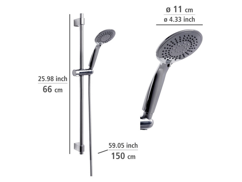 Une pomme de douche chromée avec une douchette et une barre coulissante.