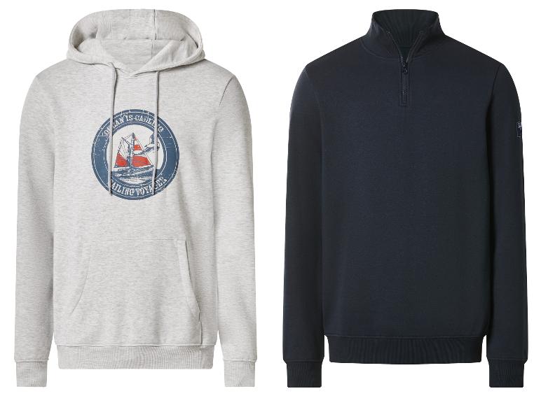 Sweat à capuche gris clair avec imprimé voilier et sweat-shirt zippé bleu marine.