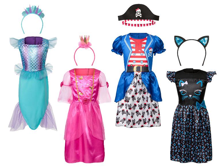 Quatre costumes différents pour filles : une sirène, une princesse, une pirate et un chat.