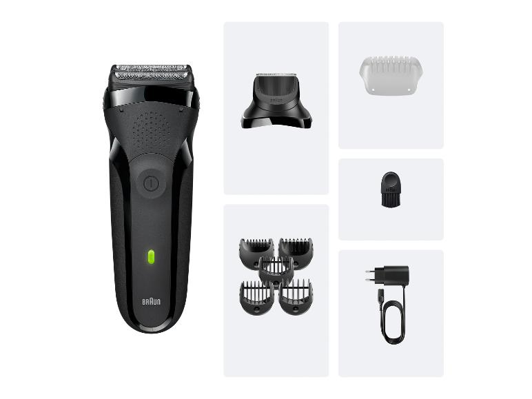 Rasoir Braun avec plusieurs accessoires et chargeur.