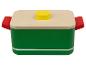 Une casserole en bois verte avec un couvercle en bois et un bouton jaune.