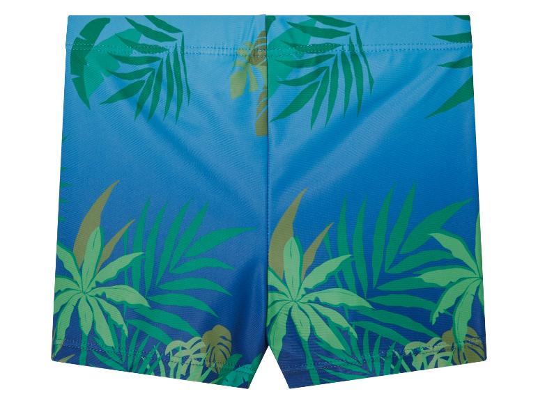 Maillot de bain bleu à motifs tropicaux.