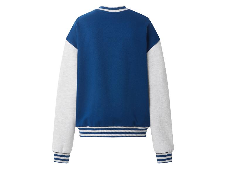 Sweat-shirt bleu et gris avec manches raglan et poignets rayés, vue arrière.