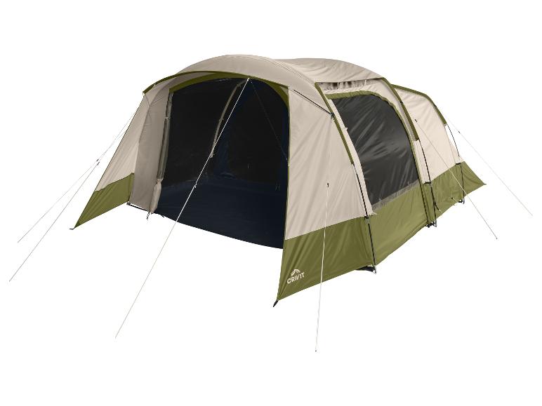 Grande tente de camping beige et vert olive avec entrée ouverte.
