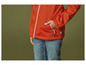 Une veste softshell orange avec un petit logo et une poche zippée.