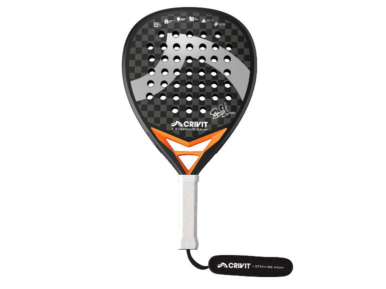 Raquette de padel noire avec accents orange et grip blanc, avec le texte « X STEFANIE GRAF ».