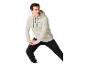 Homme en sweat à capuche beige et pantalon de survêtement noir s'étirant.