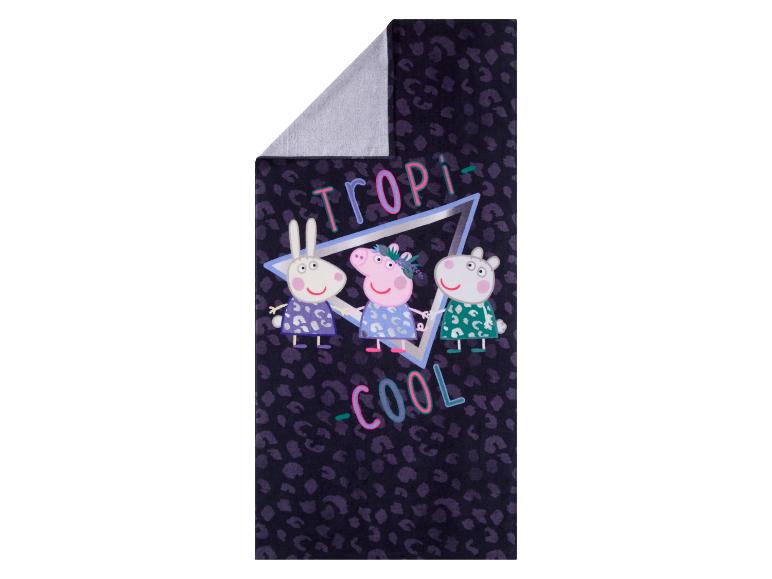 Serviette de plage Peppa Pig et ses amis, motif léopard, style tropicale.