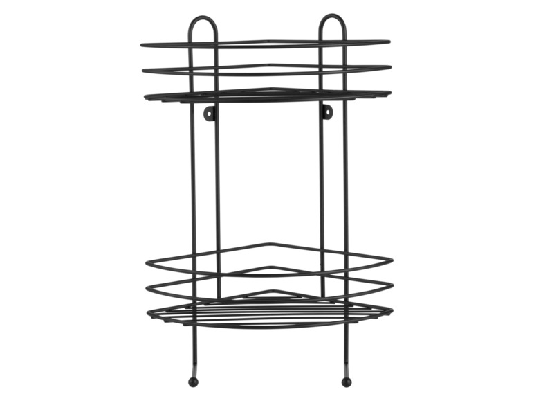 Étagère d'angle en métal noir avec deux tablettes.
