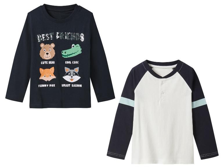 Deux t-shirts pour enfant : l'un à motifs animaux, l'autre bicolore.