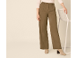 Pantalon large pour femme en vert olive avec taille haute et plis marqués.