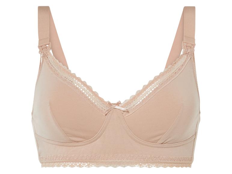 Un soutien-gorge beige rembourré avec de la dentelle et des bretelles réglables.